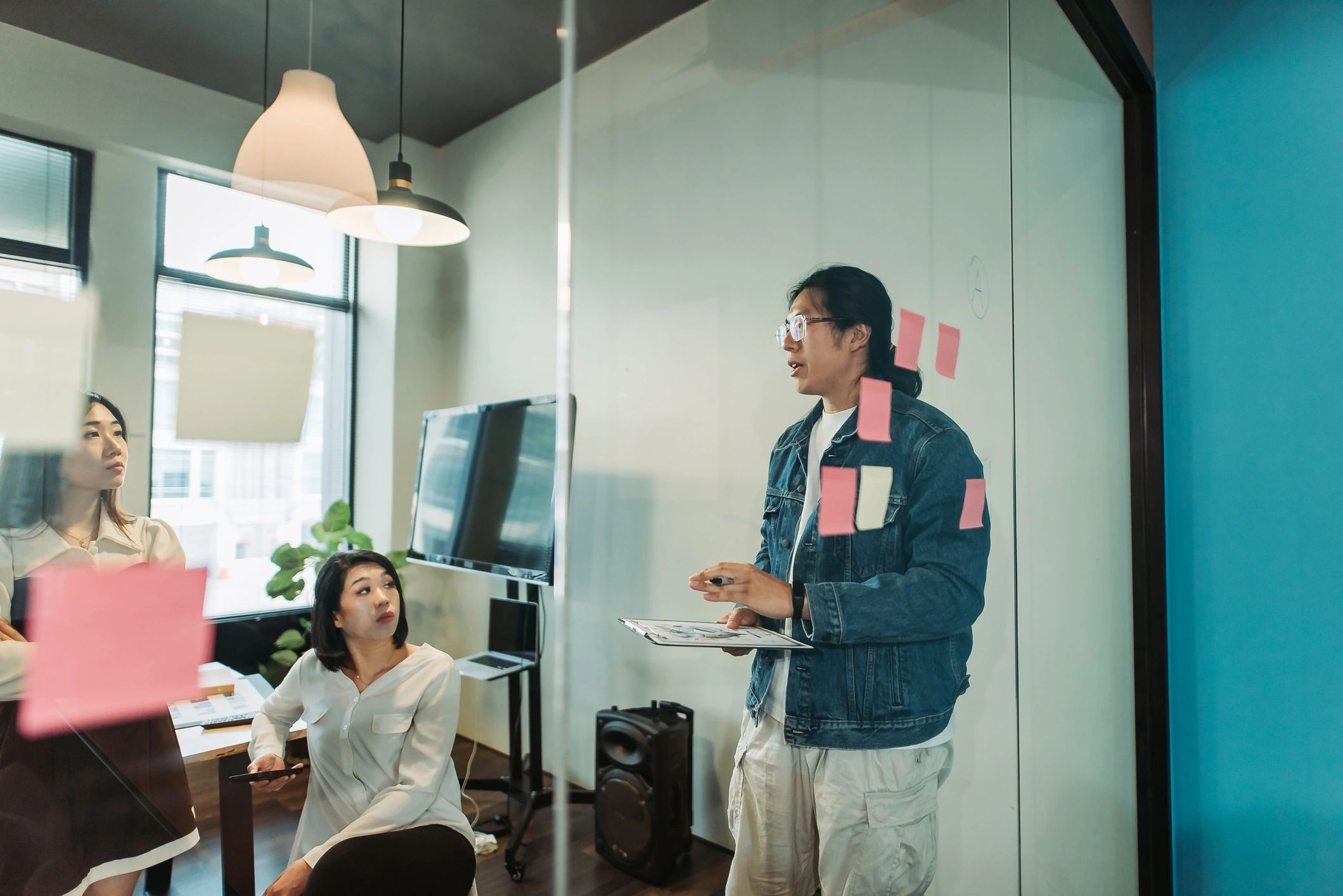 Professional team collaborating during a strategy presentation